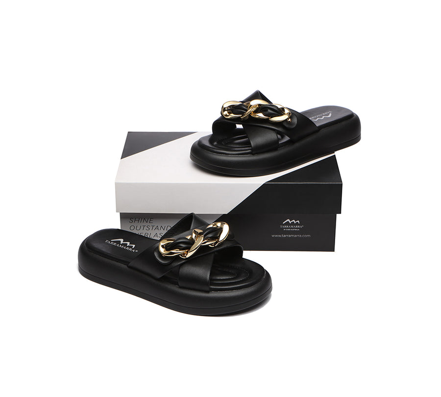 Tarramarra Metal Embellished Criss Cross Platform Slides Women Chiffon-Slides-PEROZ Accessories
