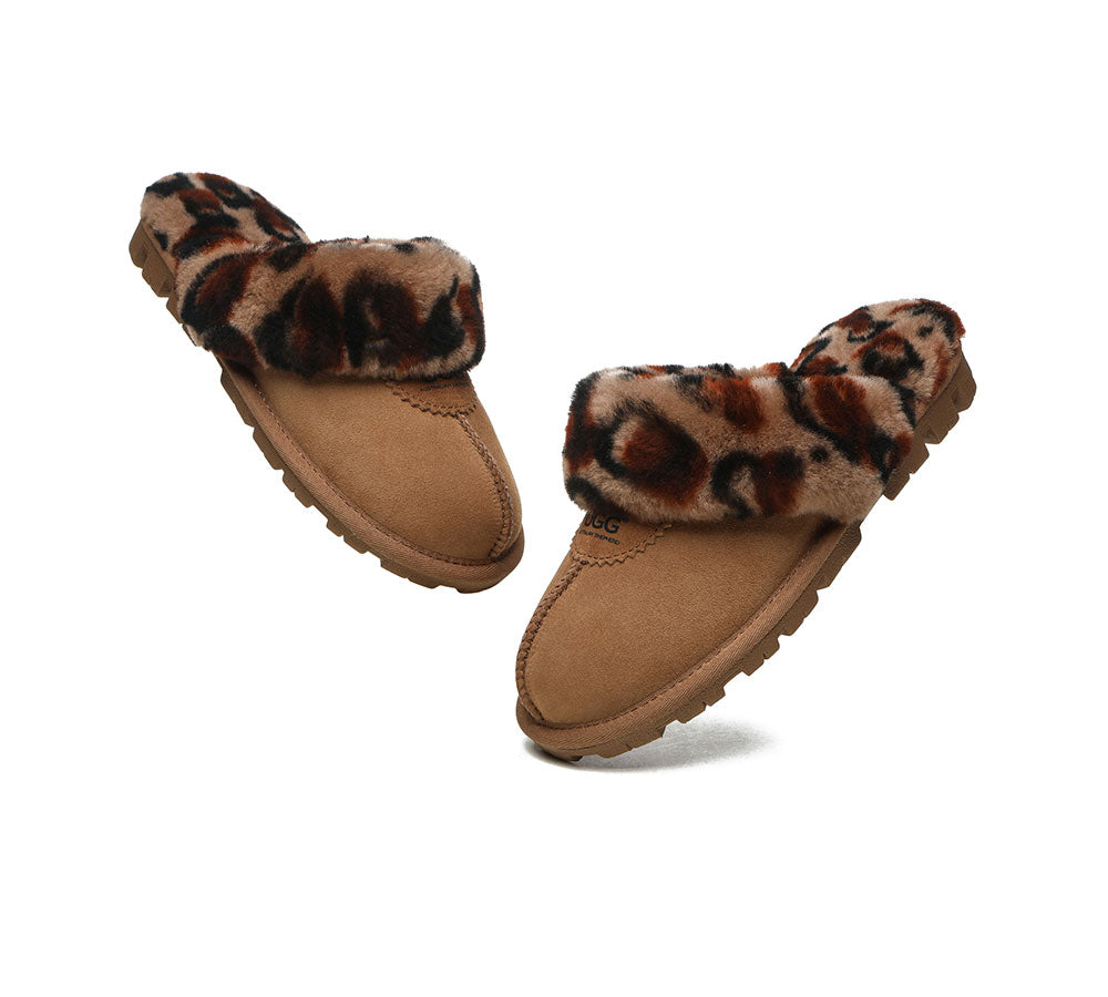 UGG Slippers Double Face Sheepskin Women Leopard Print Slipper-Slippers-PEROZ Accessories