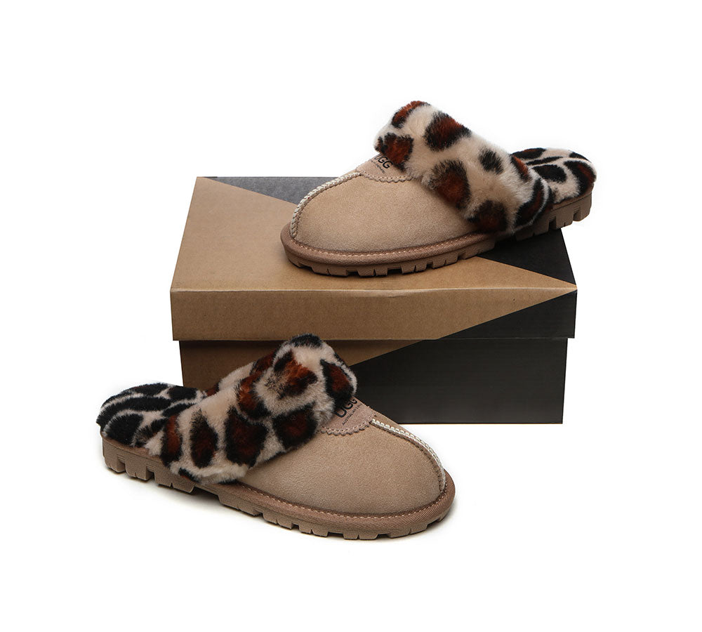UGG Slippers Double Face Sheepskin Women Leopard Print Slipper-Slippers-PEROZ Accessories