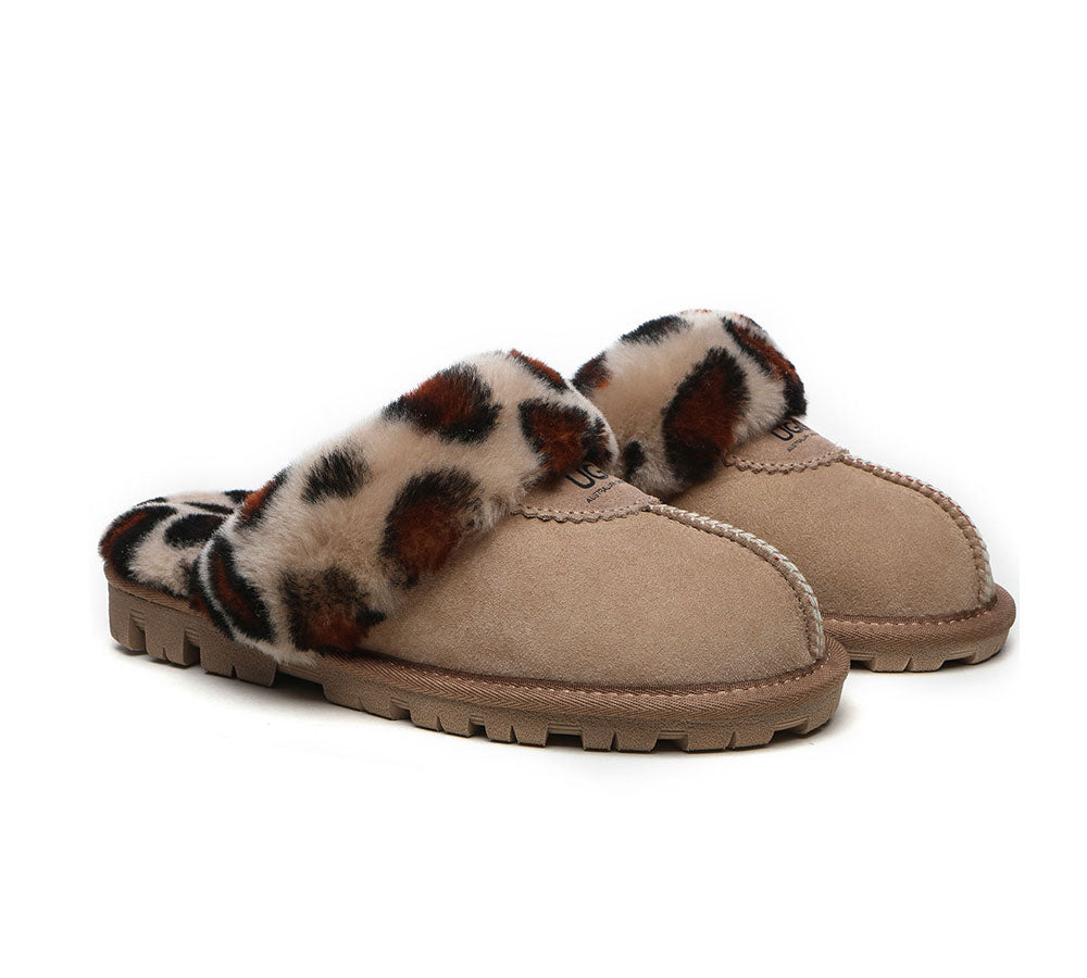 UGG Slippers Double Face Sheepskin Women Leopard Print Slipper-Slippers-PEROZ Accessories