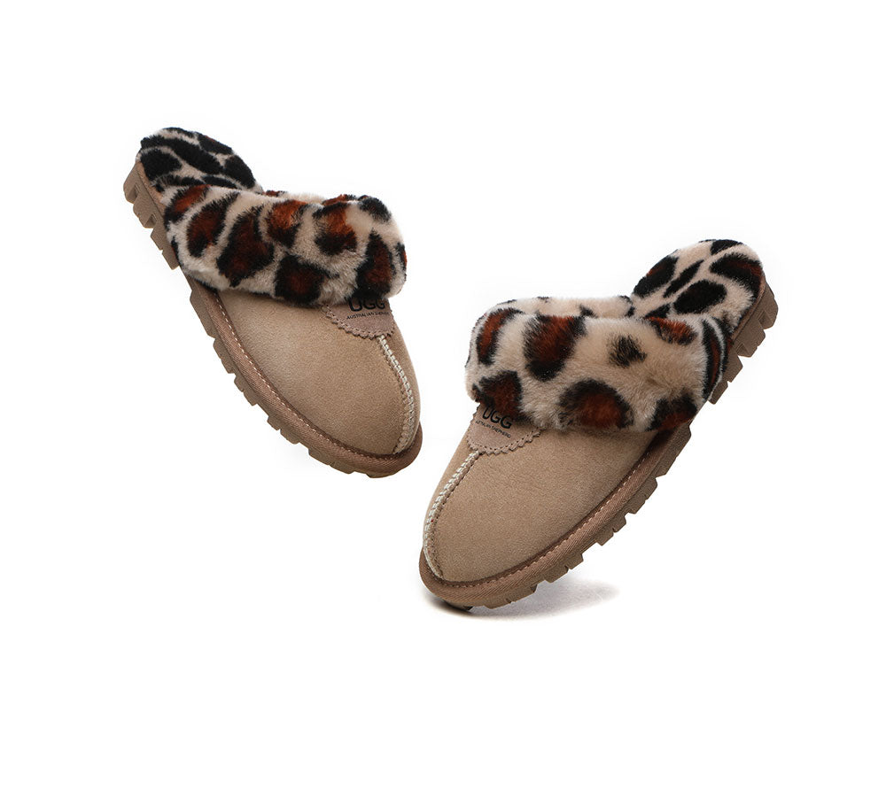 UGG Slippers Double Face Sheepskin Women Leopard Print Slipper-Slippers-PEROZ Accessories