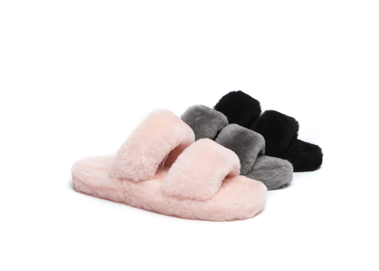 Australian Shepherd Double Strap Sheepskin Wool Fluffy Slides Women Jessica-Slides-PEROZ Accessories