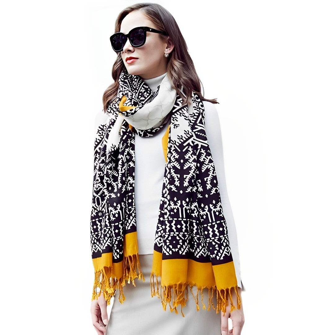 Anyyou 100% Merino Wool Mustard And Patterns Silk Satin Large Winter Scarf Pashmina Shawl Bandana Perfect For Women Ladies Fashion Style-Scarves-PEROZ Accessories