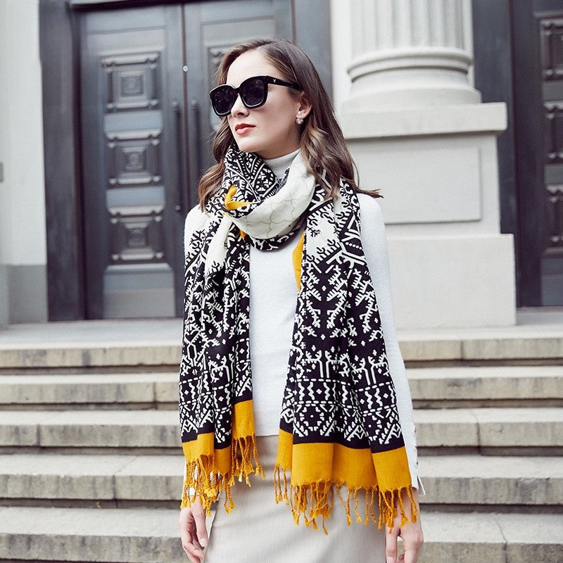 Anyyou 100% Merino Wool Mustard And Patterns Silk Satin Large Winter Scarf Pashmina Shawl Bandana Perfect For Women Ladies Fashion Style-Scarves-PEROZ Accessories