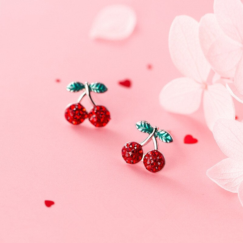 Anyco Fashion Earrings Genuine Sterling Silver Romantic Sweet Red Zircon Cherry Fruit Studs For Girls Accessory Jewelry-Earrings-PEROZ Accessories