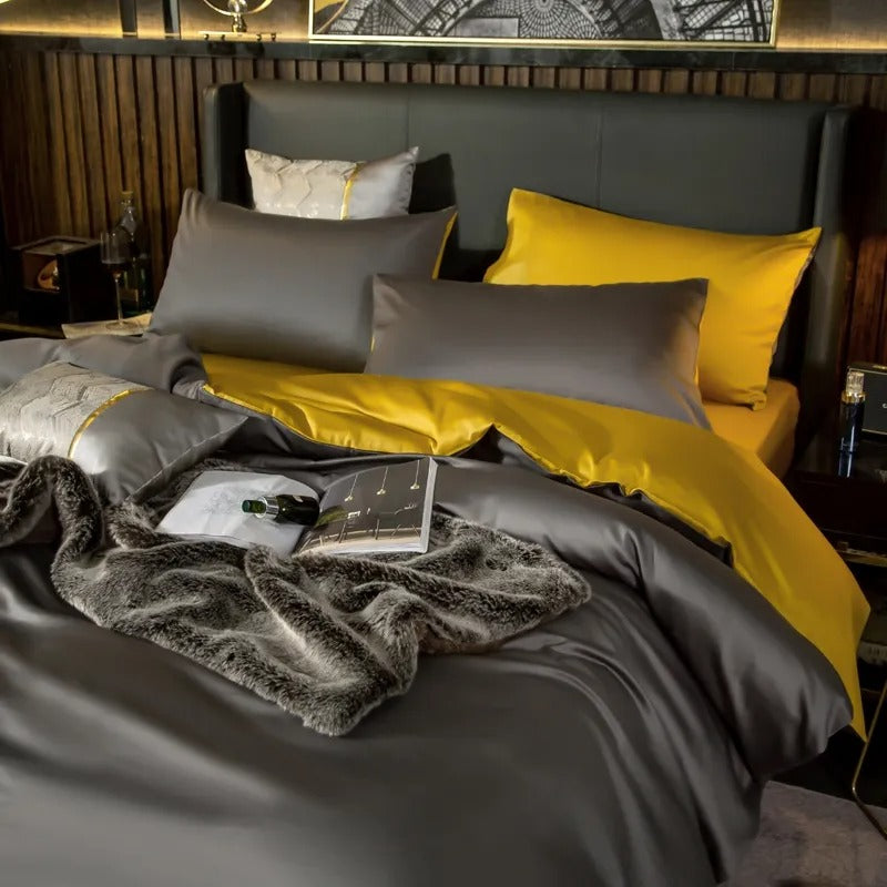 Anyhouz Bed Sheet Deep Grey Yellow Ultra Soft Luxury Egyptian Cotton Bedding Cover Full Size 6 Pcs Bed Set-Bed Sheets-PEROZ Accessories