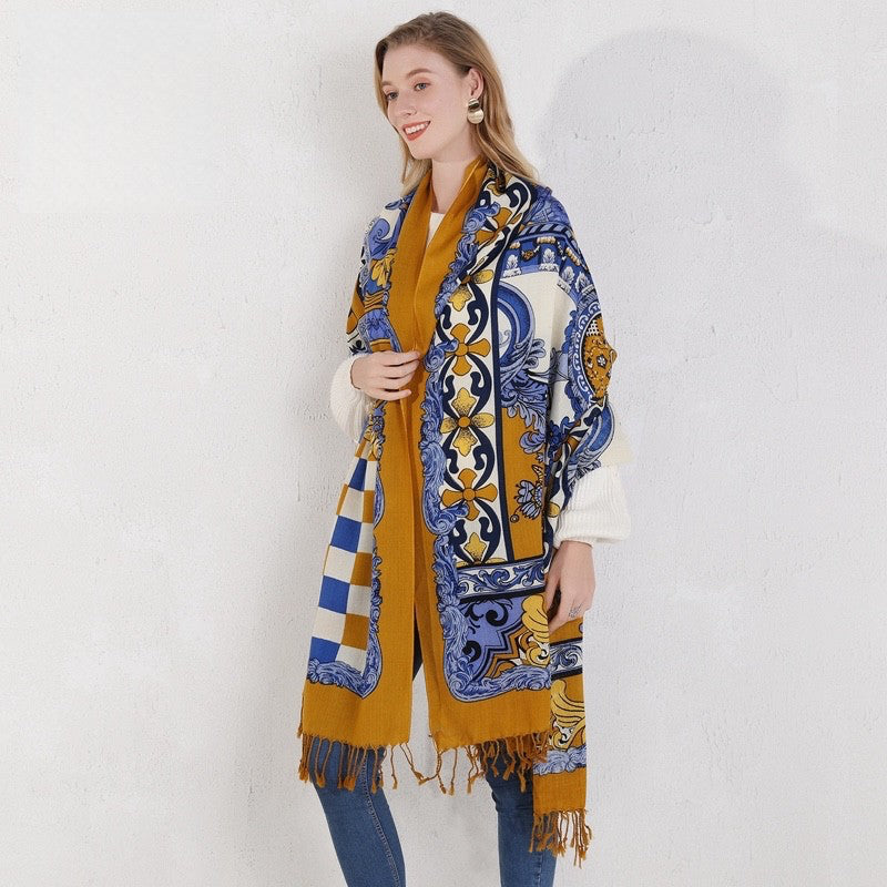 Anyyou 100% Merino Wool Mustartd Yellow Patterns Silk Satin Large Winter Scarf Pashmina Shawl Bandana Perfect For Women Ladies Fashion Style-Scarves-PEROZ Accessories