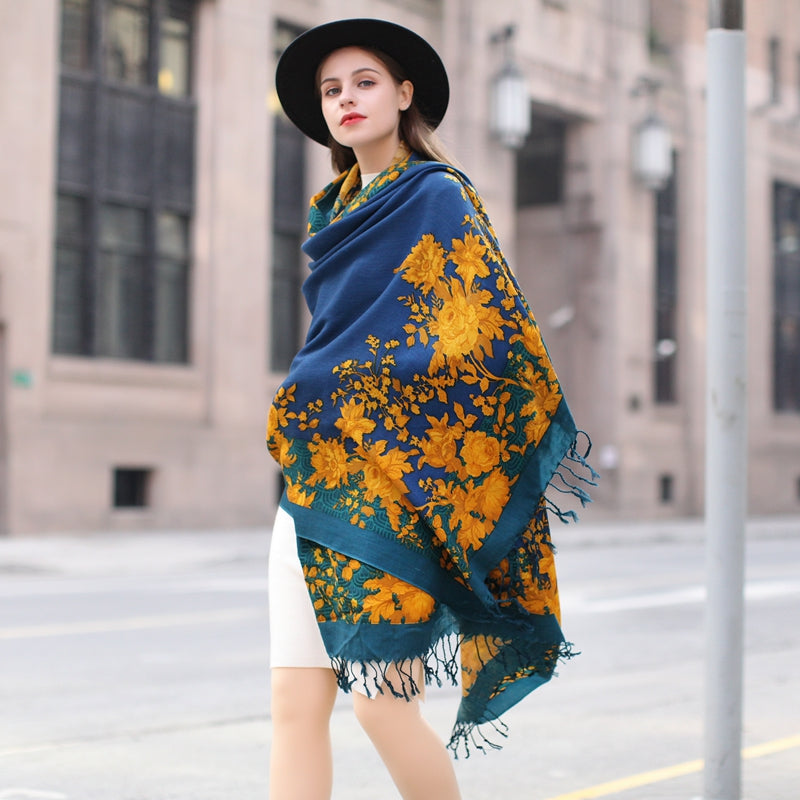 Anyyou 100% Merino Wool Yellow Blue Royal Silk Satin Large Winter Scarf Pashmina Shawl Bandana Perfect For Women Ladies Fashion Style-Scarves-PEROZ Accessories