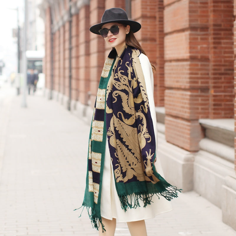 Anyyou 100% Merino Wool Green Archeologic Silk Satin Large Winter Scarf Pashmina Shawl Bandana Perfect For Women Ladies Fashion Style-Scarves-PEROZ Accessories
