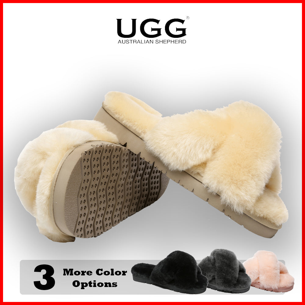 Australian Shepherd Sheepskin Wool Women Fluffy Crossover Slide Slipper Leanna-Slippers-PEROZ Accessories