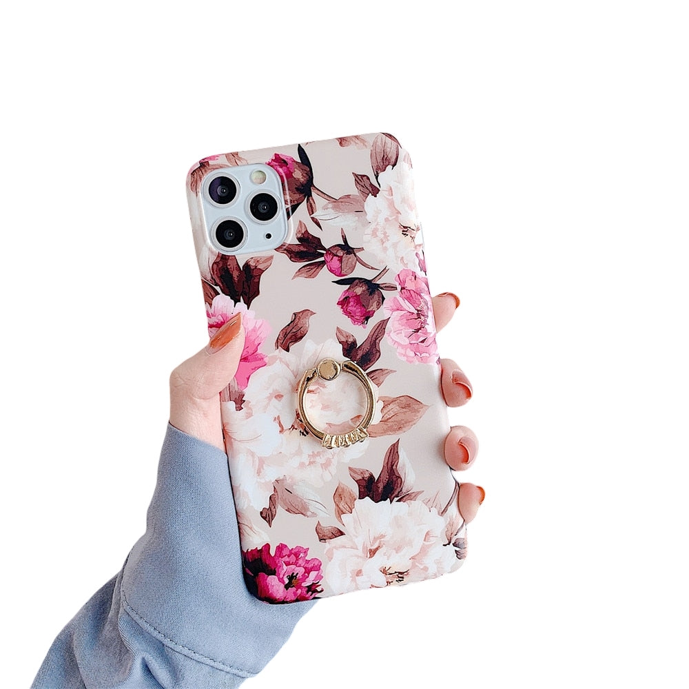 Anymob iPhone Pink Rose Finger Ring Holder Case Flower Silicone Phone Cover-Mobile Phone Cases-PEROZ Accessories