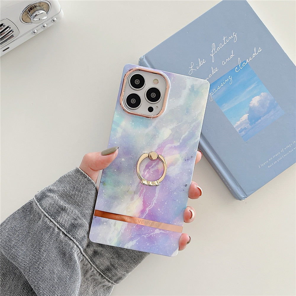 Anymob iPhone Case Purple Gradient Marble Painting Cute Shockproof Shell With Ring Holder Bracket-Mobile Phone Cases-PEROZ Accessories