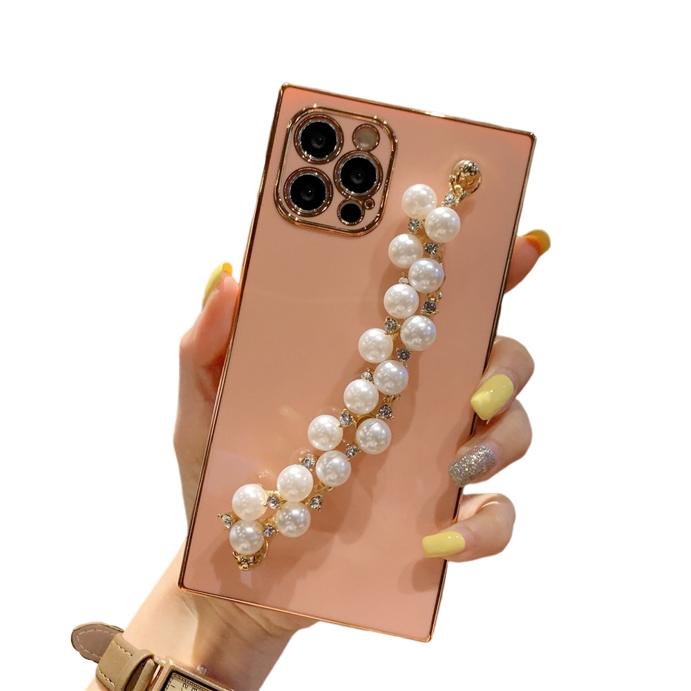 Anymob iPhone Case Pink Pearl Diamond Bracelet Square Plating Soft Chain Back Cover-Mobile Phone Cases-PEROZ Accessories