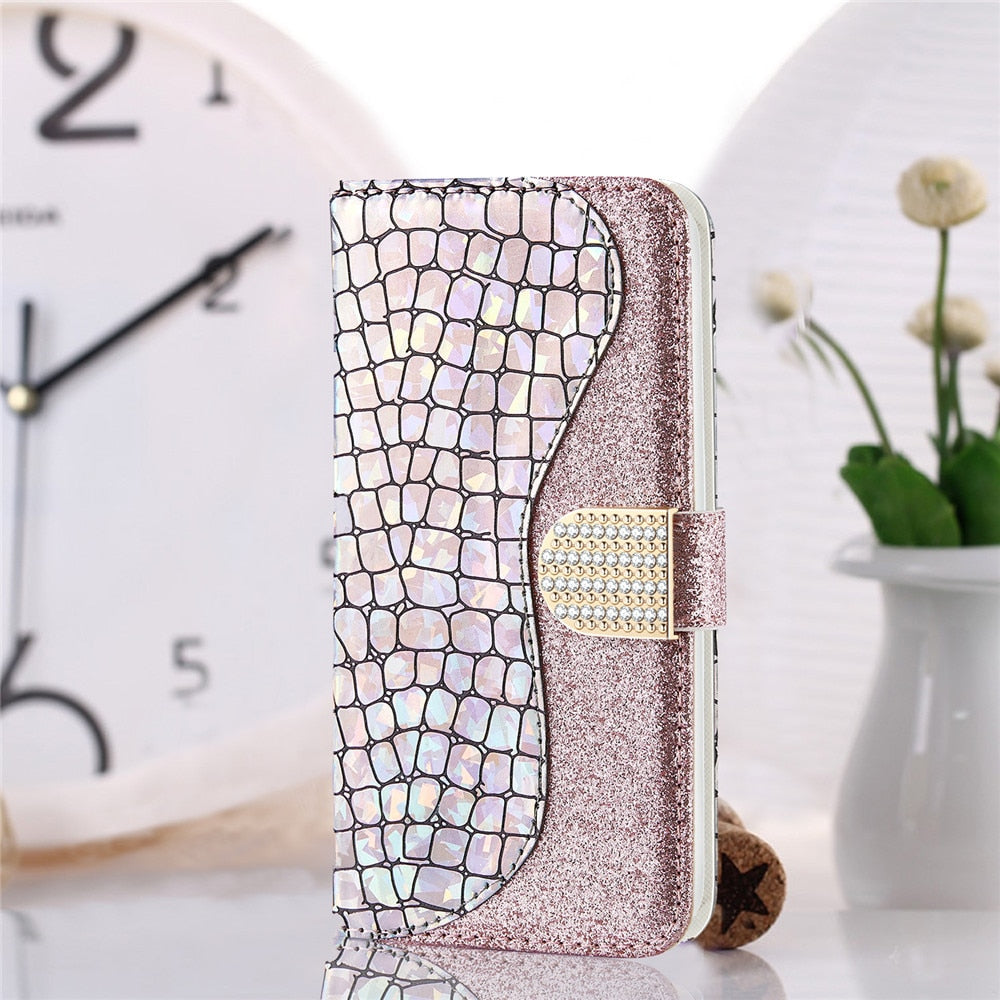Anymob iPhone Case White Laser Flash Powder Flip Magnetic Wallet Stand Function-Mobile Phone Cases-PEROZ Accessories