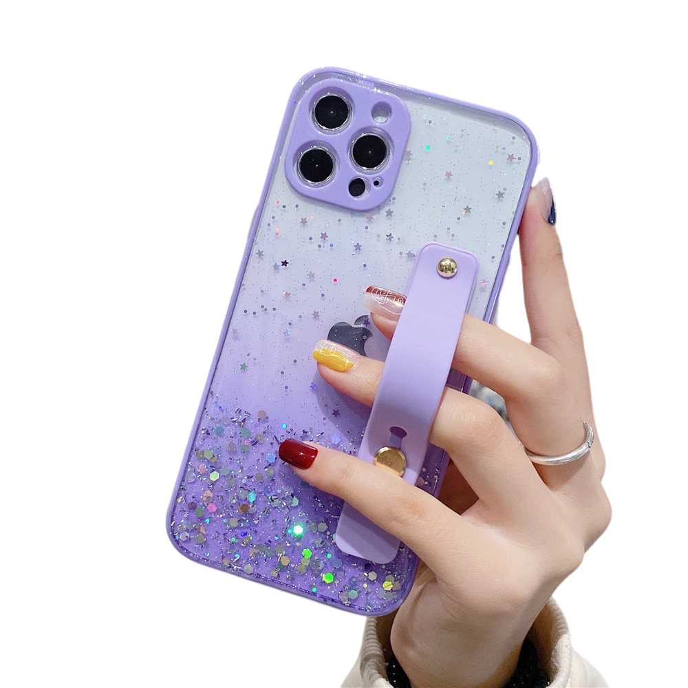 Anymob iPhone Case Purple Sequins Glitter Wrist Band Clear With Stand Holder Back Cover-Mobile Phone Cases-PEROZ Accessories