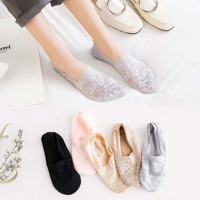 Anysox 5 Pairs Size 5-9 Fashion Socks Lace Flower Style Breathable Antiskid Invisible Ankle Socks for Women Grey-Socks-PEROZ Accessories