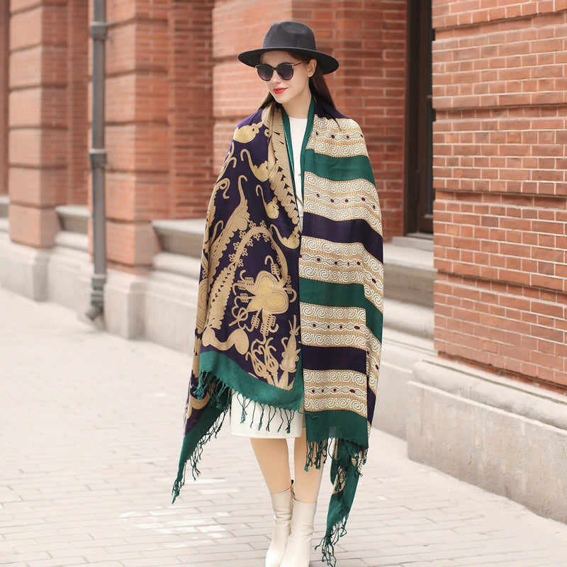 Anyyou 100% Merino Wool Green Archeologic Silk Satin Large Winter Scarf Pashmina Shawl Bandana Perfect For Women Ladies Fashion Style-Scarves-PEROZ Accessories