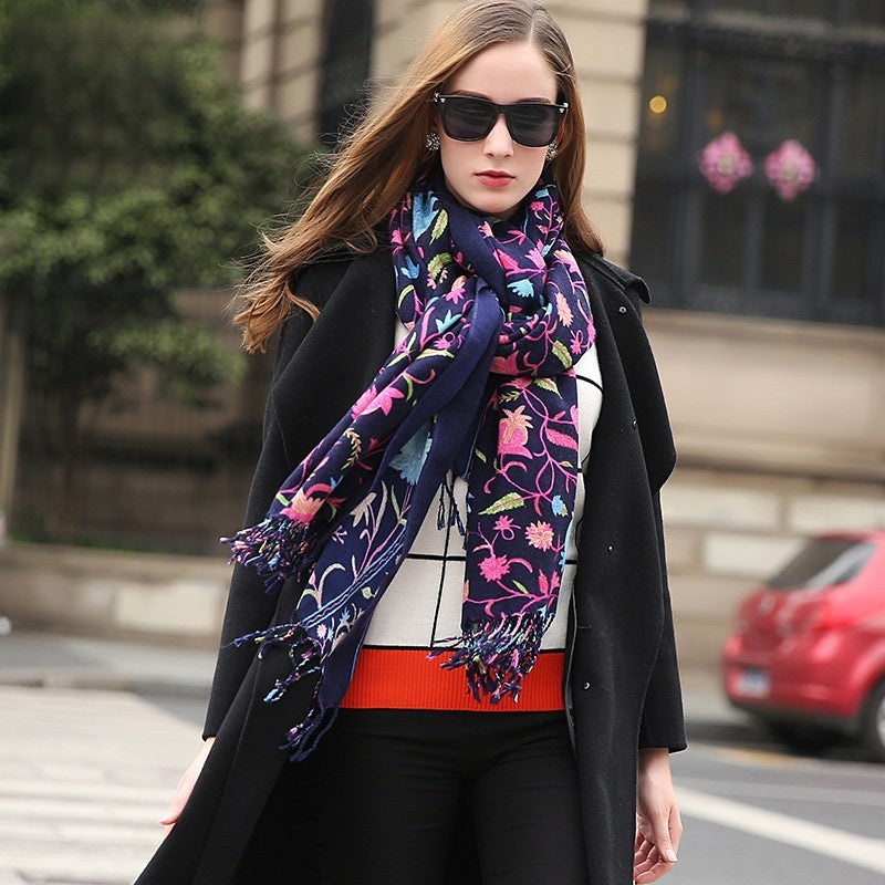 Anyyou 100% Pure Merino Wool Navy Blue Poncho Winter Large Scarf Pashmina Shawl Bandana Neck Wrap For Women-Scarves-PEROZ Accessories