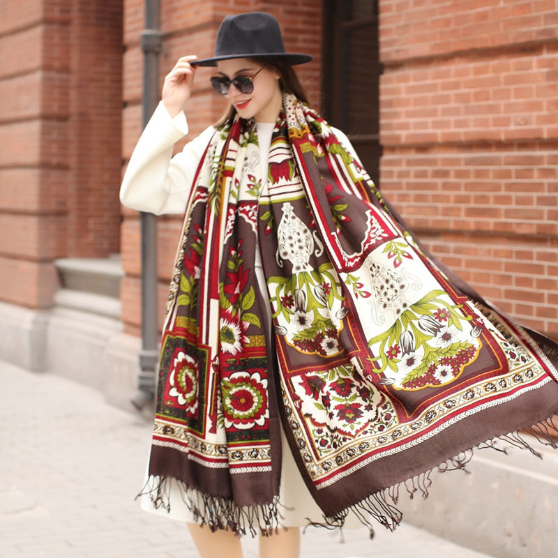 Anyyou 100% Merino Wool Dark Brown Flowers And Patterns Silk Satin Large Winter Scarf Pashmina Shawl Bandana Perfect For Women Ladies Fashion Style-Scarves-PEROZ Accessories