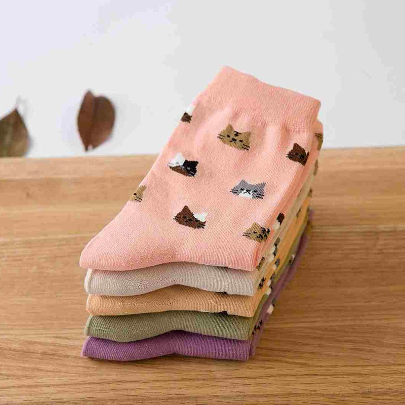 Anysox 5 Pairs Size 5-9 Fashion Socks Thick Warm Cotton Cute Cartoon Cat Animal Ankle Short Casual for Ladies Girls Christmas Gifts Pink-Socks-PEROZ Accessories