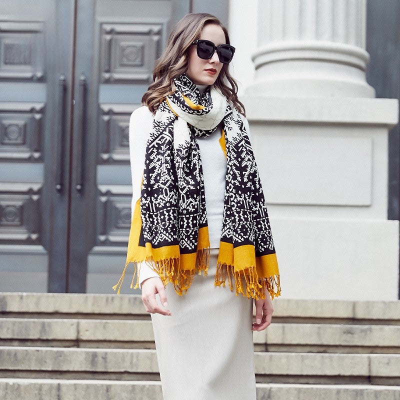 Anyyou 100% Merino Wool Mustard And Patterns Silk Satin Large Winter Scarf Pashmina Shawl Bandana Perfect For Women Ladies Fashion Style-Scarves-PEROZ Accessories