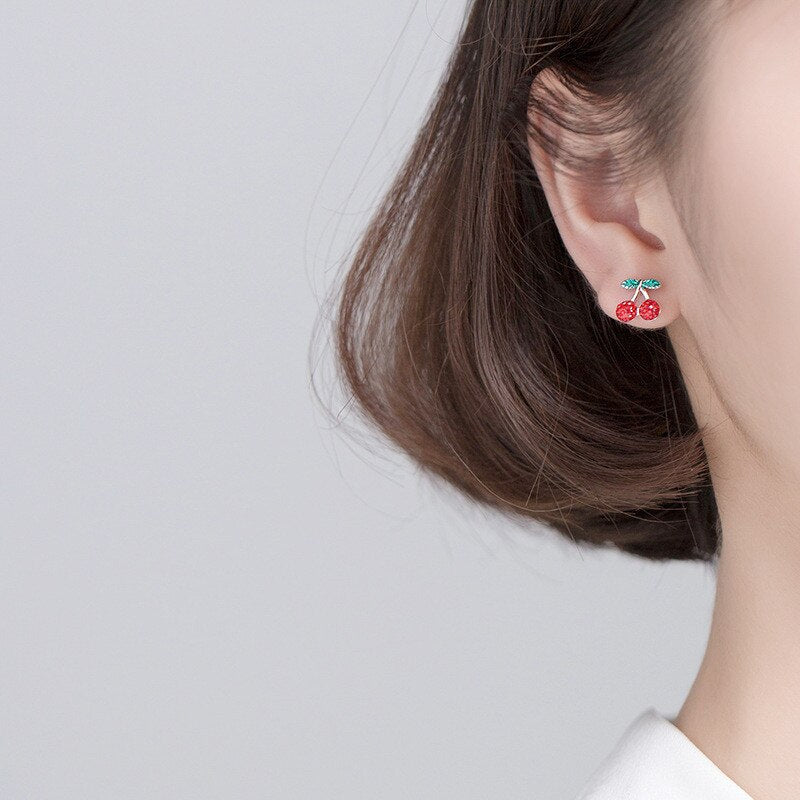 Anyco Fashion Earrings Genuine Sterling Silver Romantic Sweet Red Zircon Cherry Fruit Studs For Girls Accessory Jewelry-Earrings-PEROZ Accessories