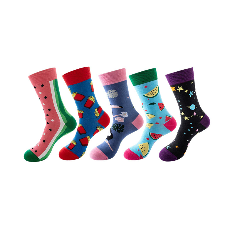 Anysox 5 Pairs One Size 5-11 Mixed Color Set Christmas Socks Cotton Fashion Fruits and Stars Woman Skateboard Oil Paitiing-Socks-PEROZ Accessories