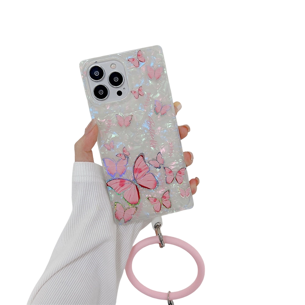 Anymob iPhone Case Pink Butterfly Shell Texture Wristband Soft Square Phone Cover-Mobile Phone Cases-PEROZ Accessories