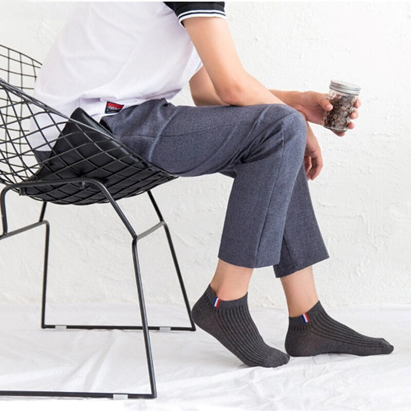 Anysox 5 Pairs One Size 5-11 Grayscale Spring Summer Unisex Navy Solid Striped Cotton Ankle Casual Socks-Socks-PEROZ Accessories