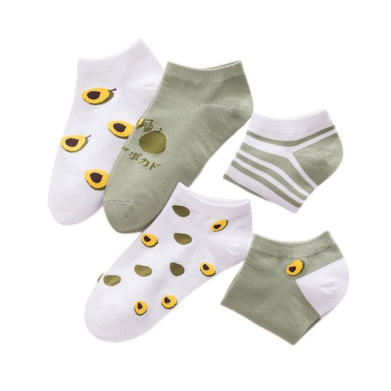 Anysox 5 Pairs One Size 5-9 Mix Avocado Liner Cotton And Spandex Socks With Fruit Creative Design Brand Perfect for Women-Socks-PEROZ Accessories