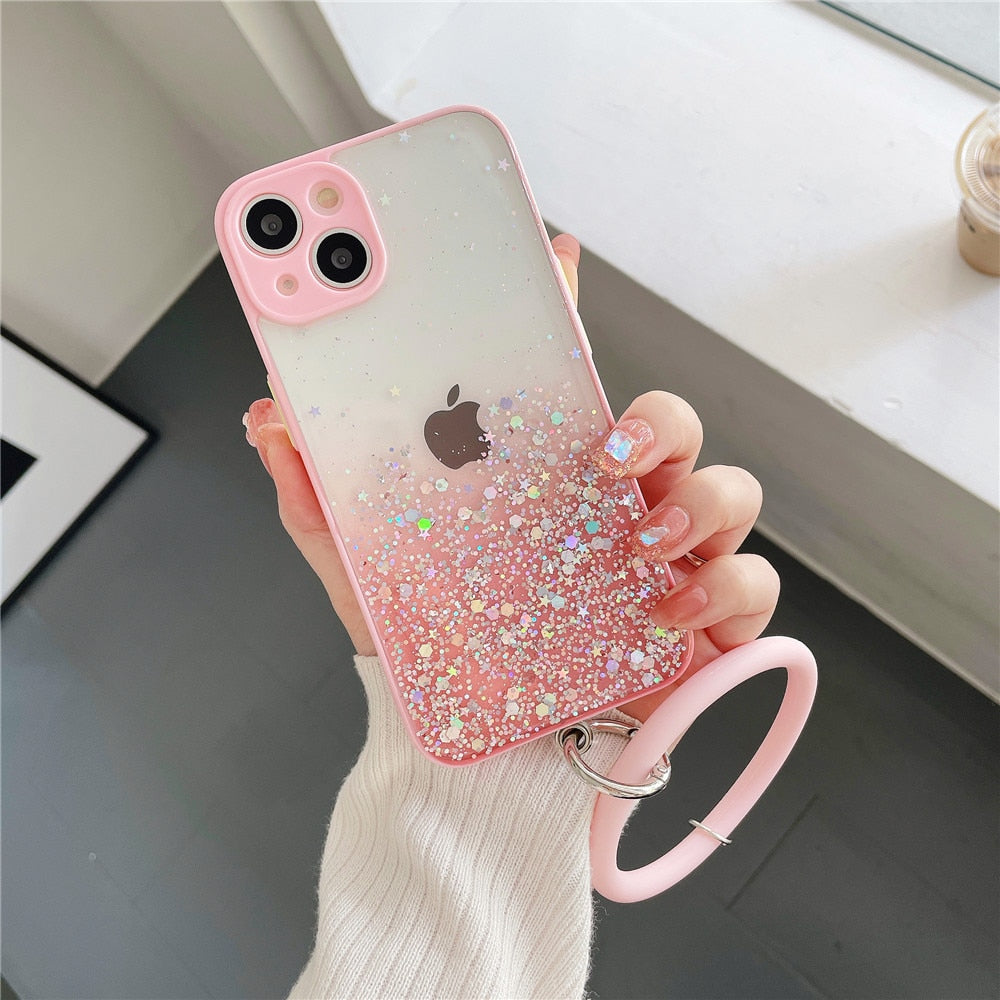 Anymob iPhone Case Pink Gradient Glitter With Ring Lens Protection Soft Bumper-Mobile Phone Cases-PEROZ Accessories