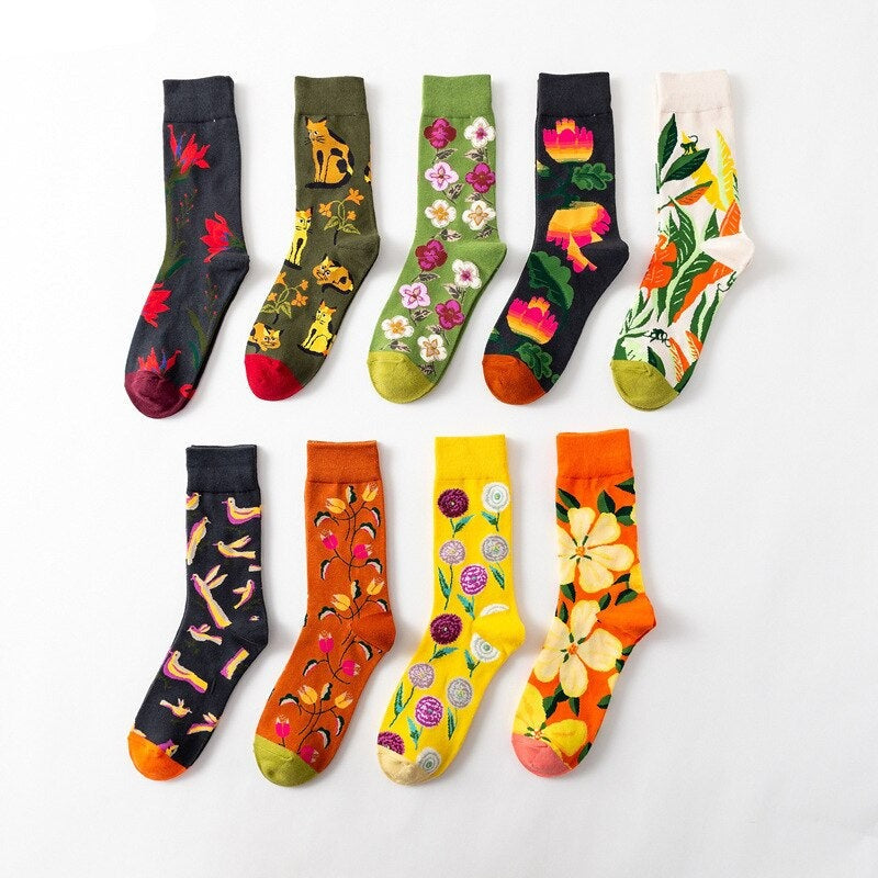 Anysox 5 Pairs One Size 5-11 Mixed Color Socks Floral Cotton Fashion Woman Skateboard Oil Paitiing-Socks-PEROZ Accessories
