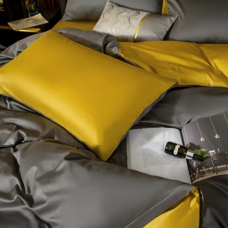 Anyhouz Bed Sheet Deep Grey Yellow Ultra Soft Luxury Egyptian Cotton Bedding Cover Full Size 6 Pcs Bed Set-Bed Sheets-PEROZ Accessories