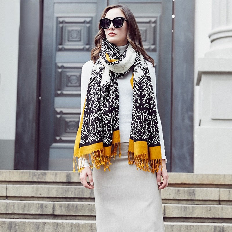 Anyyou 100% Merino Wool Mustard And Patterns Silk Satin Large Winter Scarf Pashmina Shawl Bandana Perfect For Women Ladies Fashion Style-Scarves-PEROZ Accessories