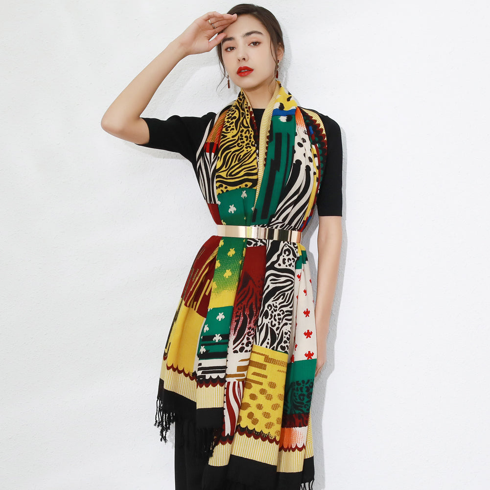Anyyou 100% Merino Wool Yellow Multipattern Silk Satin Large Winter Scarf Pashmina Shawl Bandana Perfect For Women Ladies Fashion Style-Scarves-PEROZ Accessories