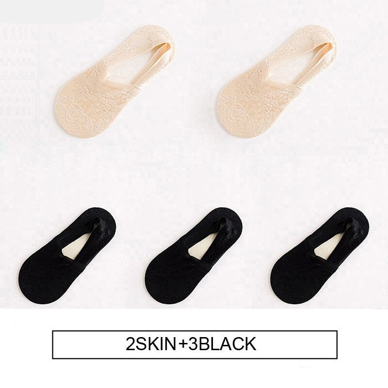 Anysox 5 Pairs Size 5-9 Fashion Socks Lace Flower Style Breathable Antiskid Invisible Ankle Socks for Women (2 Beige, 3 Black)-Socks-PEROZ Accessories