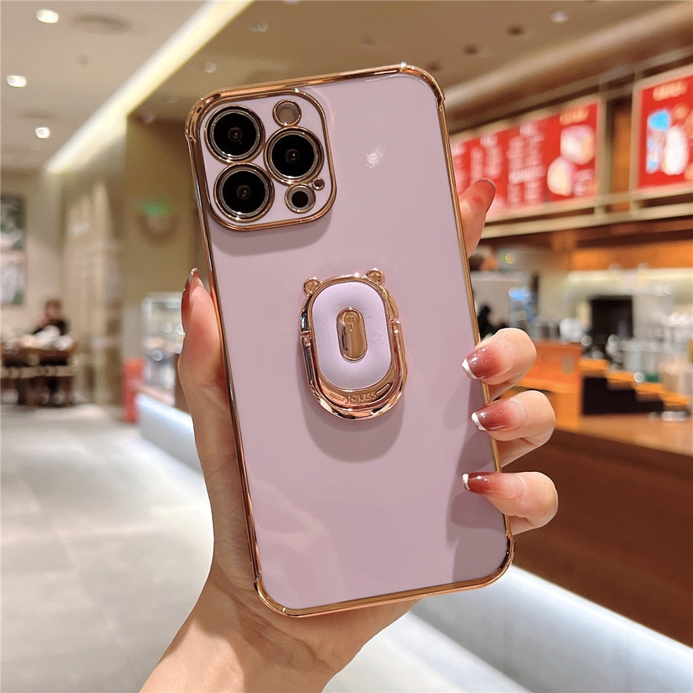 Anymob iPhone Case Purple Cute Bear Ring Holder Plating Silicon Stand Finger Bracket Back Cover-Mobile Phone Cases-PEROZ Accessories