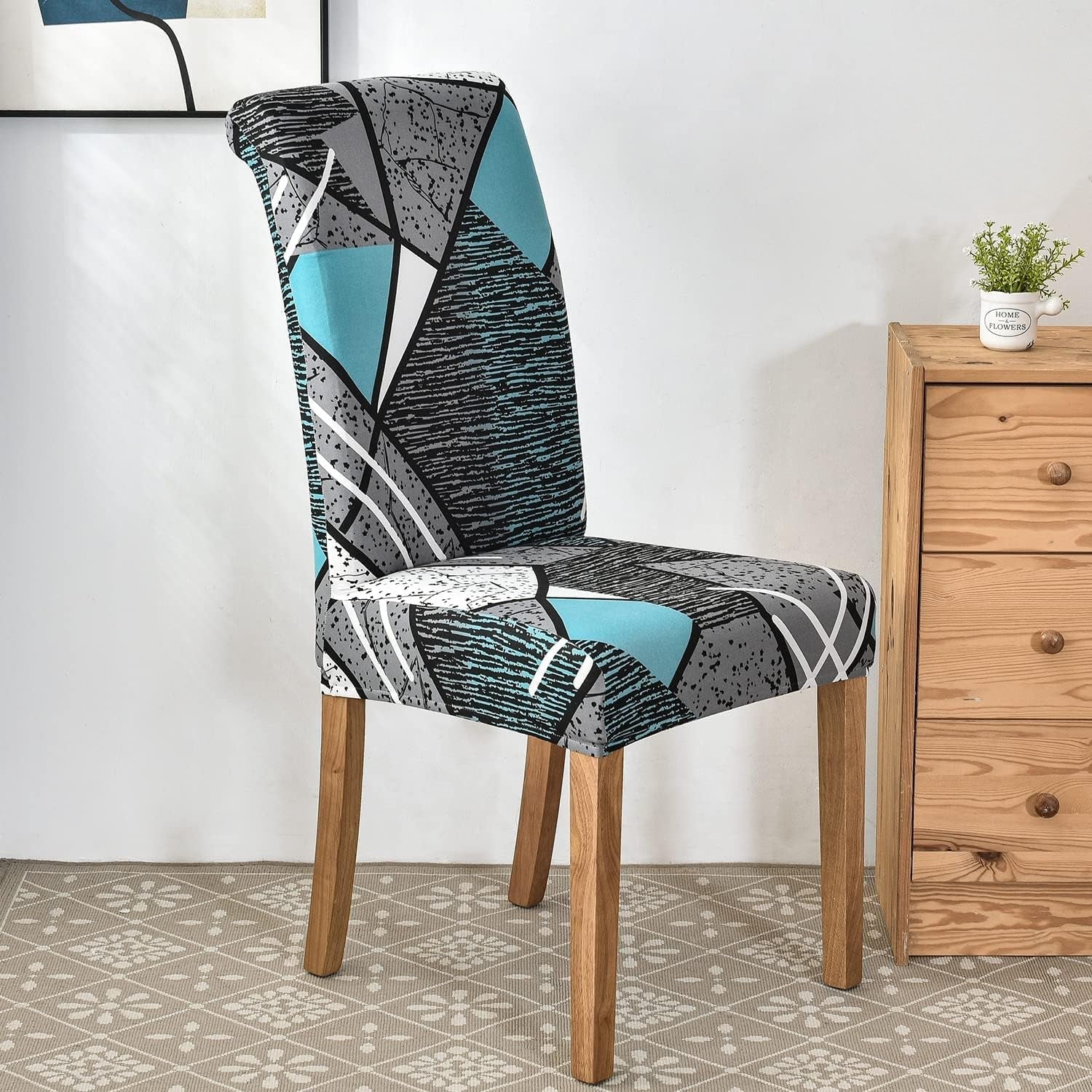 Anyhouz Chair Cover Sky Blue Linear and Shapes Design with Anti-Dirt and Elastic Material for Dining Room Kitchen Wedding Hotel Banquet Restaurant-Chair Cover-PEROZ Accessories