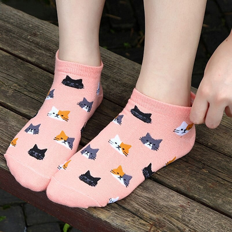 Anysox 5 Pairs One Size 5-9 Candy Color Kitten Summer Invisible Female Fashion Casual Cute Cartoon Short Cotton Ladies Dropship-Socks-PEROZ Accessories