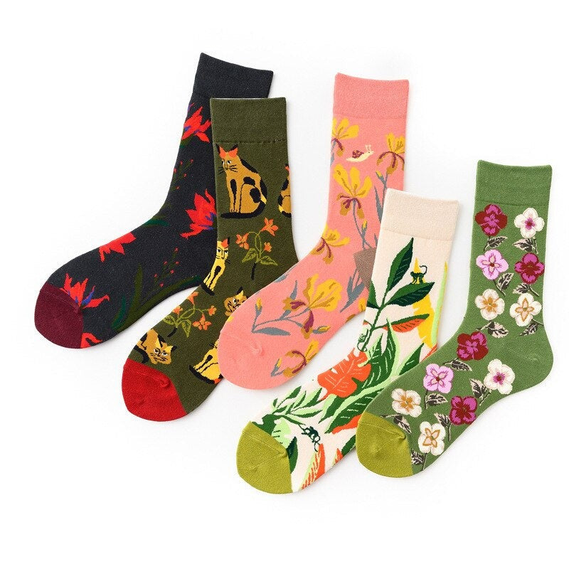 Anysox 5 Pairs One Size 5-11 Mixed Color Socks Floral Cotton Fashion Woman Skateboard Oil Paitiing-Socks-PEROZ Accessories