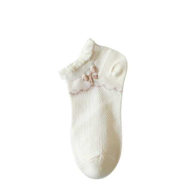 Anysox 5 Pairs One Size 35-40 Summer Short Boat Invisible Chaussette Ribbon Print Cotton Ankle Breathable Women Sock-Socks-PEROZ Accessories
