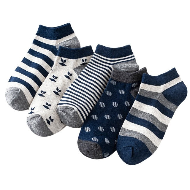 Anysox 5 Pairs One Size 5-11 Mixed Color Striped Spring Summer Unisex Navy Solid Striped Cotton Ankle Casual Socks-Socks-PEROZ Accessories