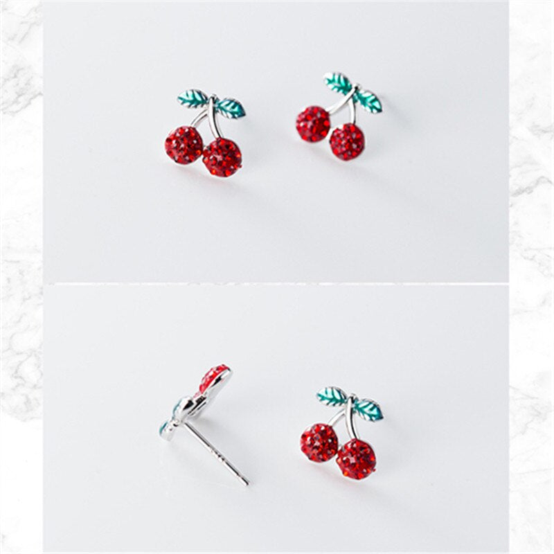 Anyco Fashion Earrings Genuine Sterling Silver Romantic Sweet Red Zircon Cherry Fruit Studs For Girls Accessory Jewelry-Earrings-PEROZ Accessories