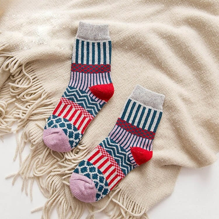 Anysox 5 Pairs Size 5-9 Fashion Socks Colorful Wind-Flowers Cotton Winter Thick Warm Wool Casual for Women Grey-Socks-PEROZ Accessories