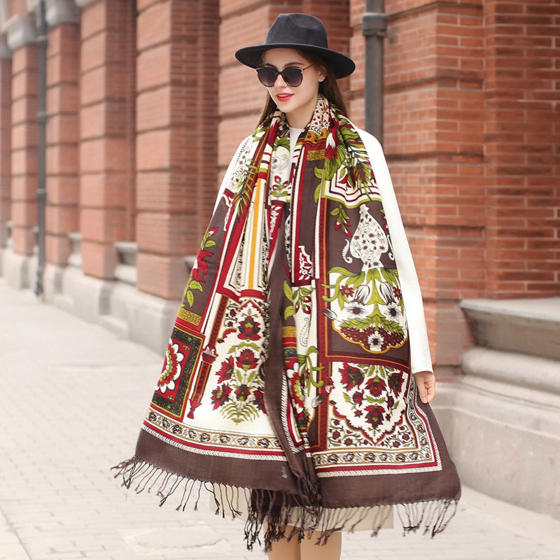 Anyyou 100% Merino Wool Dark Brown Flowers And Patterns Silk Satin Large Winter Scarf Pashmina Shawl Bandana Perfect For Women Ladies Fashion Style-Scarves-PEROZ Accessories