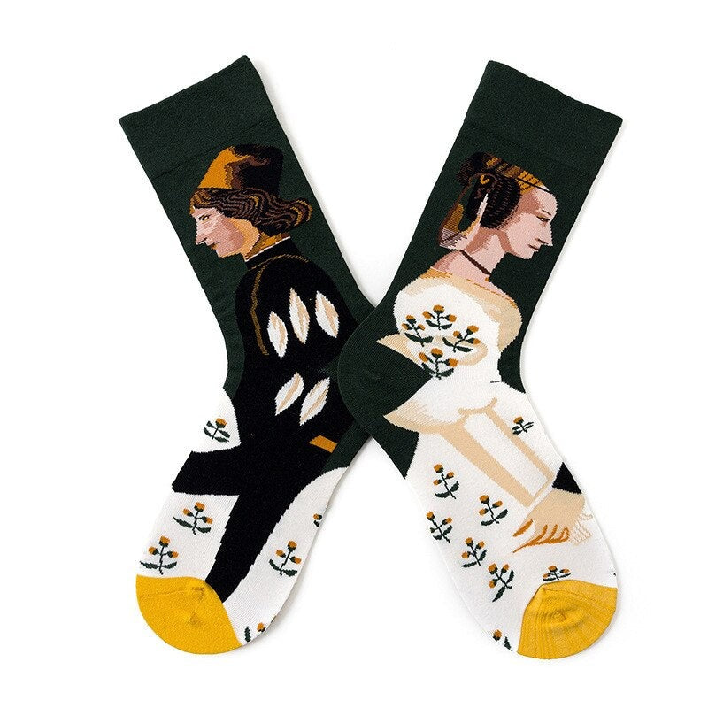 Anysox 5 Pairs Size 5-9 Fashion Socks Combed Cotton Art Abstract King and Queen Oil Painting Novelty Happy Funny Christmas Gift for Women-Socks-PEROZ Accessories