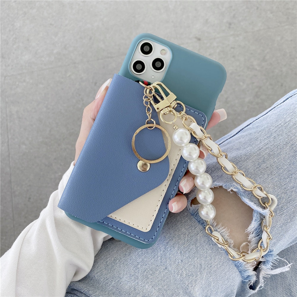 Anymob iPhone Case Blue Pearl Bracelet Leather Card Package Soft Silicone Back Cover-Mobile Phone Cases-PEROZ Accessories