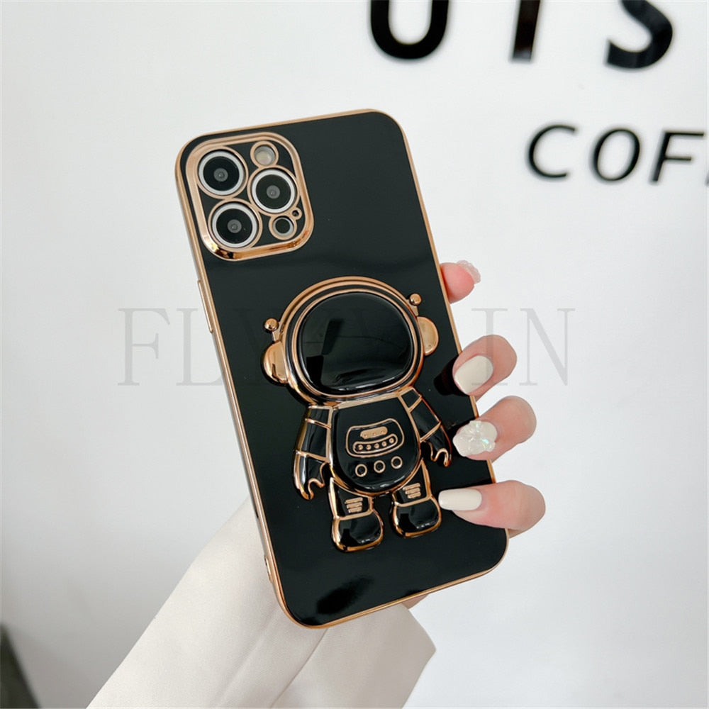 Anymob iPhone Case Black Luxury Astronaut Kickstand Soft Silicon Plating Bumper Back Cover-Mobile Phone Cases-PEROZ Accessories