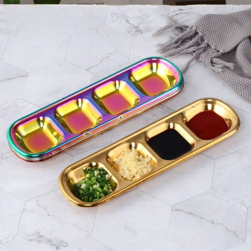 Anygleam Red Rainbow Stainless Steel 3 Grid Seasoning Sauce Dish Plates Dipping Kitchenware-Kitchen & Dining-PEROZ Accessories