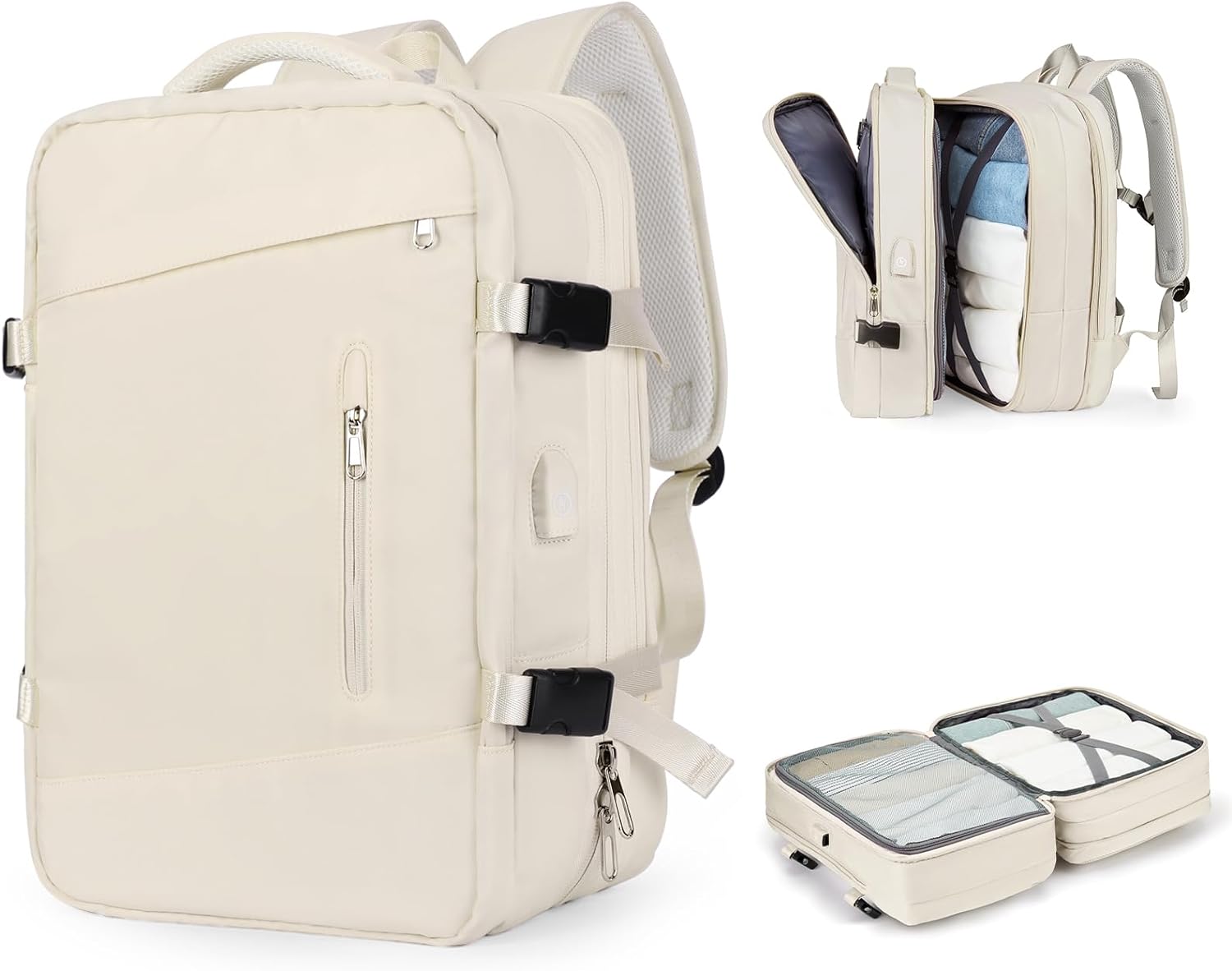 Anypack Backpack Beige Expandable Airplane Travel Bag For Women and Men Laptop Multifunctional Luggage Large Capacity-Backpacks-PEROZ Accessories